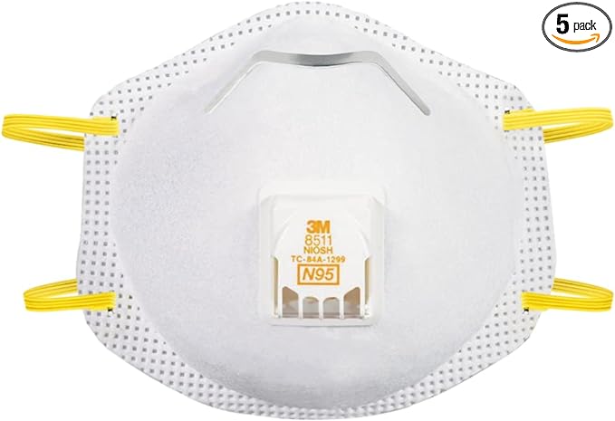 3M 8511 Sanding And Fiberglass N95 Cool Flow Valved Respirator, NIOSH-Approved, Relief From Dusts And Certain Particles During Sanding, Pollen, Mold Spores, Dust Particles, 5-Pack