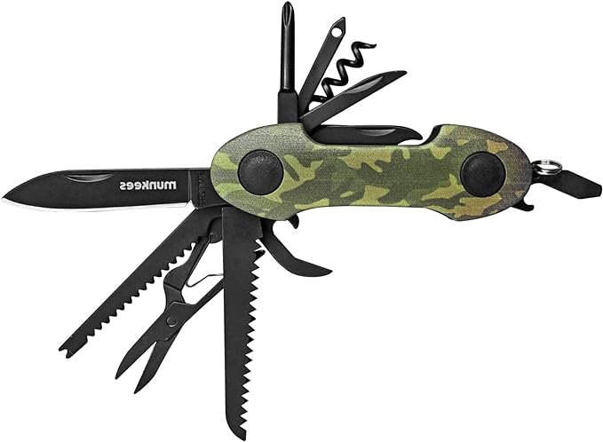 14-in-1 pocket multi-tool, camo stainless steel tool with blade, scissors, corkscrew, serrated, screwdriver, outdoor, fishing, hiking, camping Green