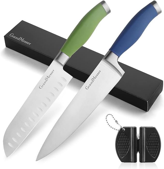 Kitchen Knives, 2 Piece Ultra Sharp 8 inch Chef Knife and 7 inch Santoku Knife, German Carbon Stainless Steel Forging Cooking knife Set, with Ergonomic Handle and Gift Box