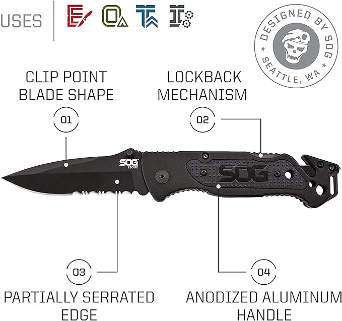 SOG Escape Tactical Folding Knife- 3.4 Inch Serrated Edge Blade Emergency Pocket Knife with Glass Breaker, Wire Stripper and Line Cutter Blades-Black (FF25-CP)
