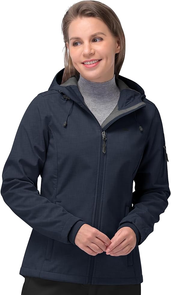33,000ft Women's Softshell Jacket, Fleece Lined Warm Jacket Light Hooded Windproof Coat for Outdoor Hiking