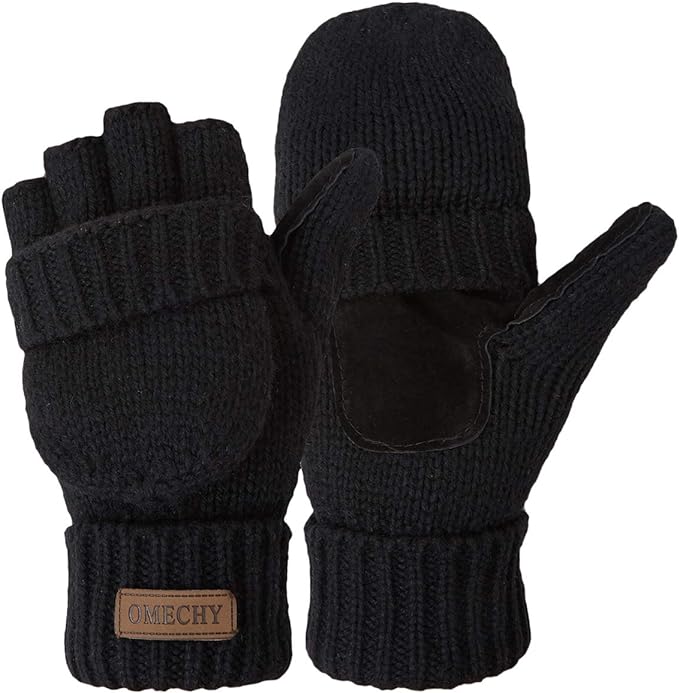 Winter Knitted Fingerless Wool Gloves Thermal Insulation Warm Convertible Mittens Flap Cover for Men Women