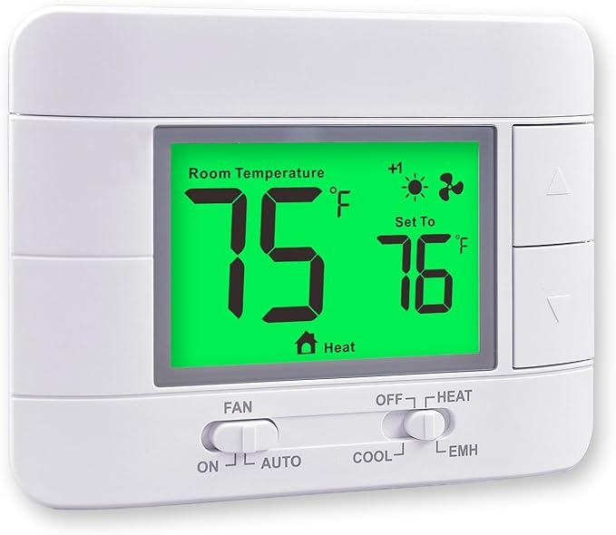 Non-Programmable Heat Pump Thermostat for House 2 Heat/1 Cool, with Temperature & Humidity Monitor and Large Green LCD