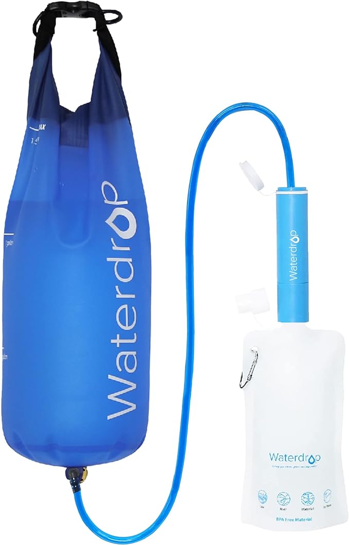 Waterdrop Gravity Water Filter Straw, Camping Water Filtration System, Water Purifier Survival for Travel, Backpacking and Emergency Preparedness, 1.5 gal Bag, 0.1 Micron, 5 Stage Filtration, Blue