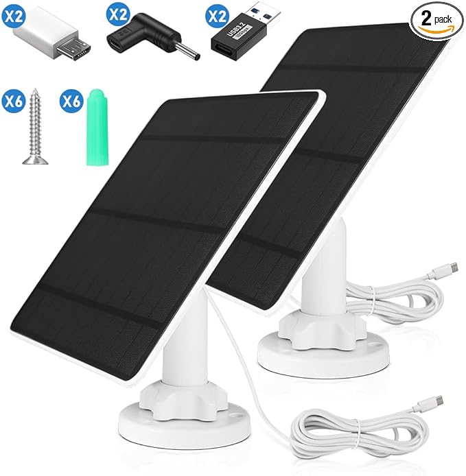 5W Solar Panel for Security Camera 2 Pack, 5V Solar Panel Charger with Micro USB, DC 3.5mm, USB & Type-C Port, IP65 Waterproof Solar Panel for Camera with 9.8ft Cable, 360° Adjustable Bracket