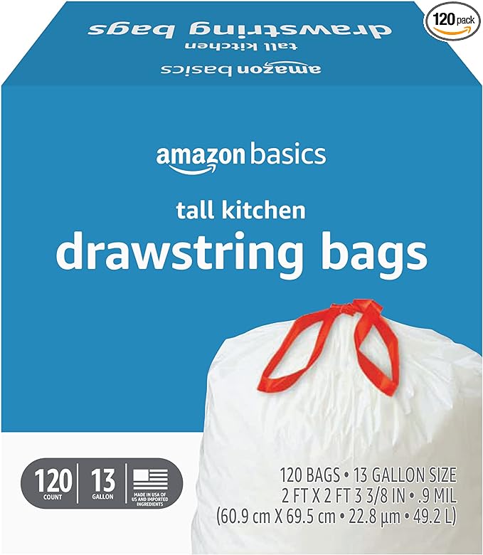 Amazon Basics Tall Kitchen Drawstring Trash Bags, 13 Gallon, 120 Count