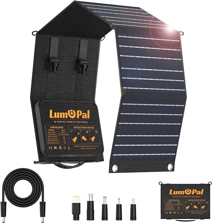 Foldable Solar Panel, LUMOPAL 60W Portable Folding Solar Charger Kit with USB-C PD60W 5V USB-A QC3.0 DC18-20V Ports,IP65 Waterproof for RVCamping Backpacking Compatible with Phone Tablet Power Station