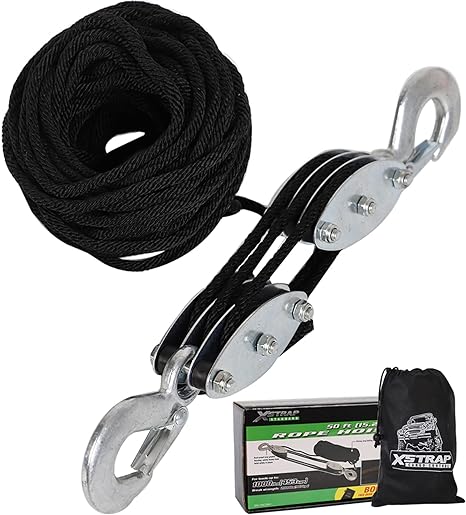 XSTRAP STANDARD Heavy-Duty 2,000 LB Breaking Strength 50 FT Rope Hoist, Metal Wheels Bearing Structure, 1000 LB Work Load Block and Tackle Pulley System for Lifting Heavy Objects, with 2pcs Soft Loops