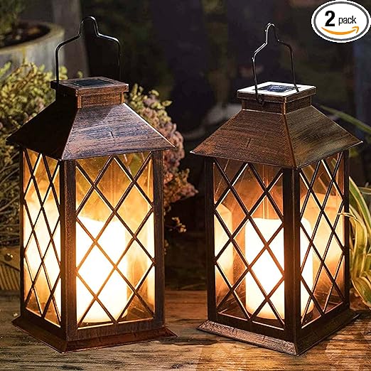 [2 Pack] TAKE ME 14" Solar Lantern Outdoor Garden Hanging Lantern Waterproof LED Flickering Flameless Candle Mission Lights for Table,Outdoor，Mothers Day Gifts Mom Wife