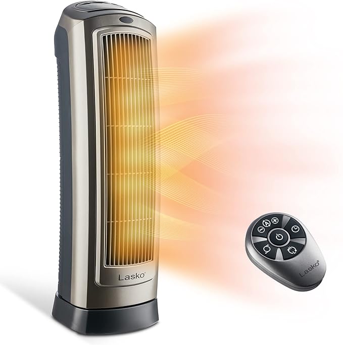 Lasko Oscillating Digital Ceramic Tower Heater for Home with Adjustable Thermostat, Timer and Remote Control, 23 Inches, 1500W, Silver, 755320, 8.5″L x 7.25″W x 23″H, Silver Visit the Lasko Store