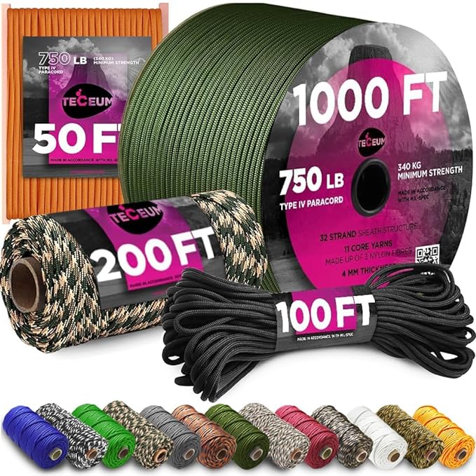 TECEUM Paracord 750 lb – Heavy-Duty Tactical Rope for Outdoors, Camping, Hiking, Military, DIY – 30+ Colors – 100% Nylon MIL-SPEC Survival Emergency Safety Cord