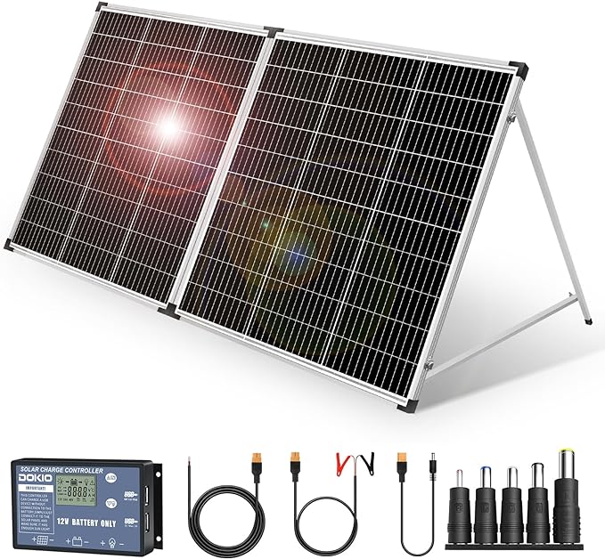 DOKIO Solar Suitcase 200W Portable Foldable Solar Panel 18v Monocrystalline with Controller to Charge 12 Volts Batteries (All Lead/Acid Types: Vented AGM Gel) RV Camping Marine