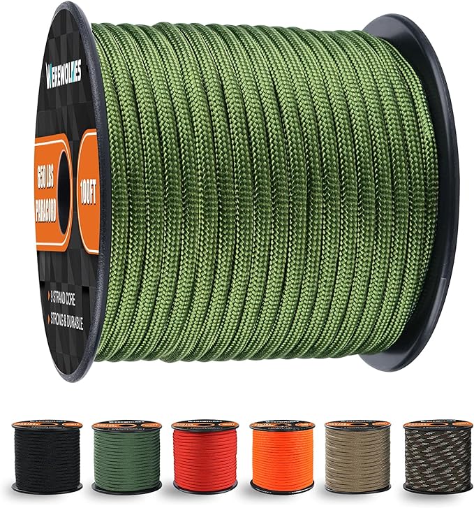 WEREWOLVES 650lb Paracord/Parachute Cord - 9 Strand Paracord Rope - 100', 200' Spools of Parachute Cord, Type III Paracord for Camping, Survival