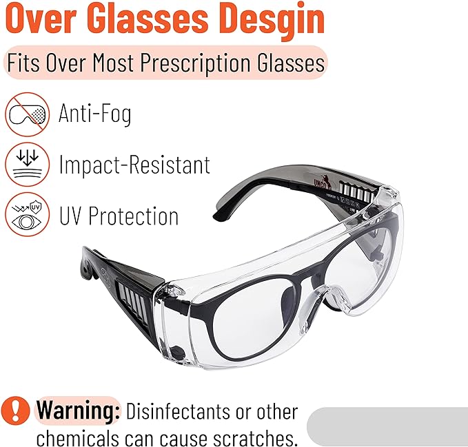 UNCO- Safety Goggles Over Glasses, Protective Goggles, Safety Goggles Anti Fog, Work, Safety Glasses Over