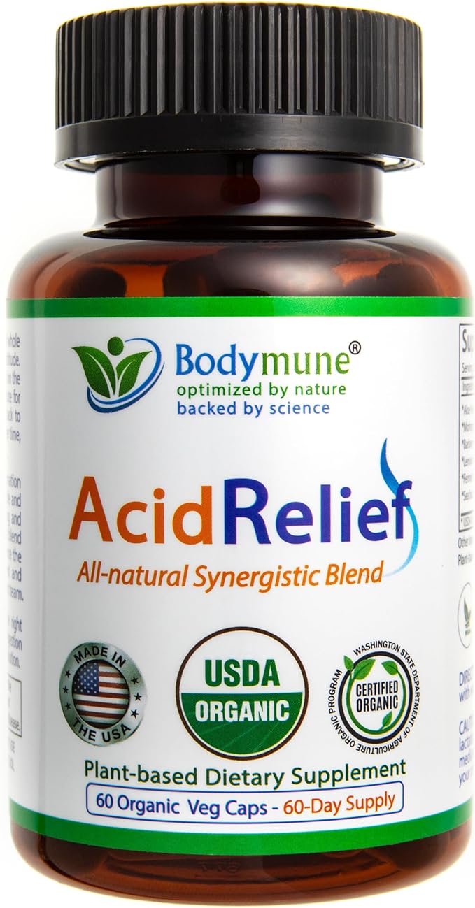 AcidRelief All-Natural USDA Organic Acid Reducer, Acid Indigestion Relief, Heartburn Relief, Acid Relief Supplement - Unique Blend Vegan Non-GMO Gluten-Free USA Made - 60 Capsules