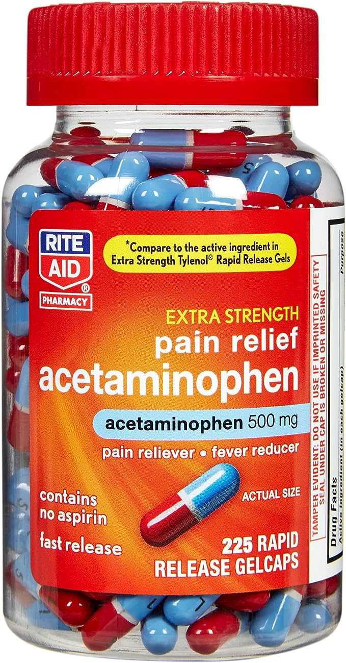 Rite Aid Extra Strength 500 mg Acetaminophen Pain Relief, Rapid Release Gelcaps - 225 Count | Pain Reliever, Joint Pain Relief | Muscle Pain Relief | Arthritis Pain Relief | Back Pain Relief Products