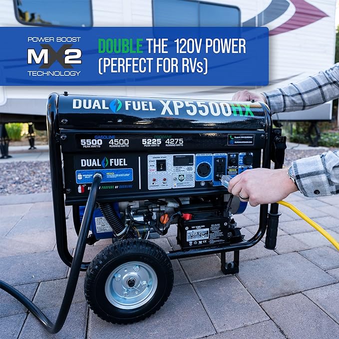 DuroMax XP5500HX Dual Fuel Portable Generator-5500 Watt Gas or Propane Powered Electric Start w/CO Alert, 50 State Approved, Blue