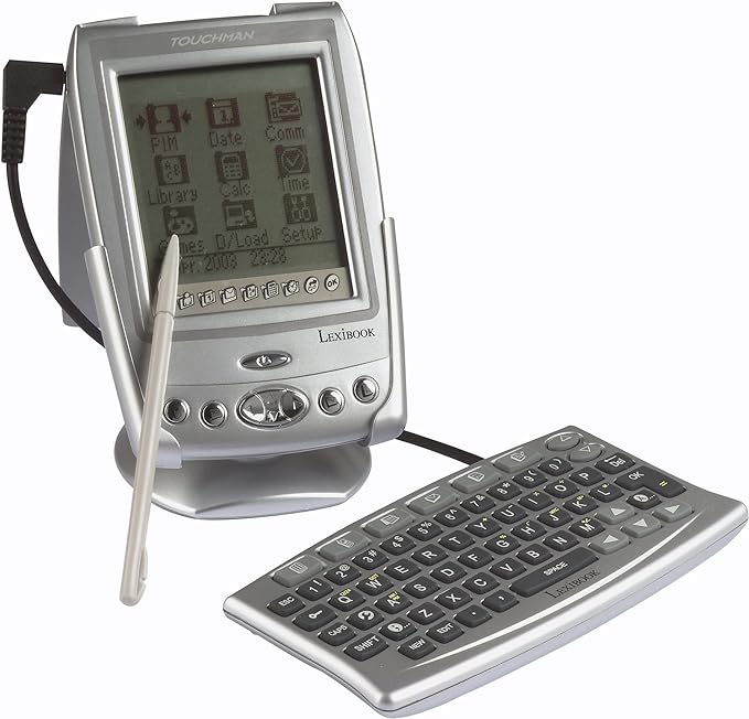 Lexibook Touchman, PDA Organizer with Keyboard, Schedule, Calendar, Alarm, 6 Language Translator, Unit Conversion, Calculator, Supplied with PC Connection kit, Batterie, 4, Silver, TMK282