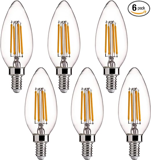 FLSNT 60W Equivalent LED Chandelier Light Bulbs, Dimmable, E12 Base, Clear B11 LED Filament Candelabra Bulbs, 2700K Soft White, 6 Pack
