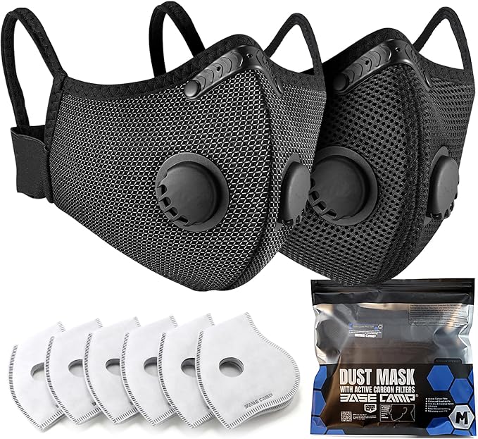 BASE CAMP Trendy Silver M Plus Dust Mask, Breathable Comfortable Reusable Respirator Mask with 6 Activated Carbon Filters