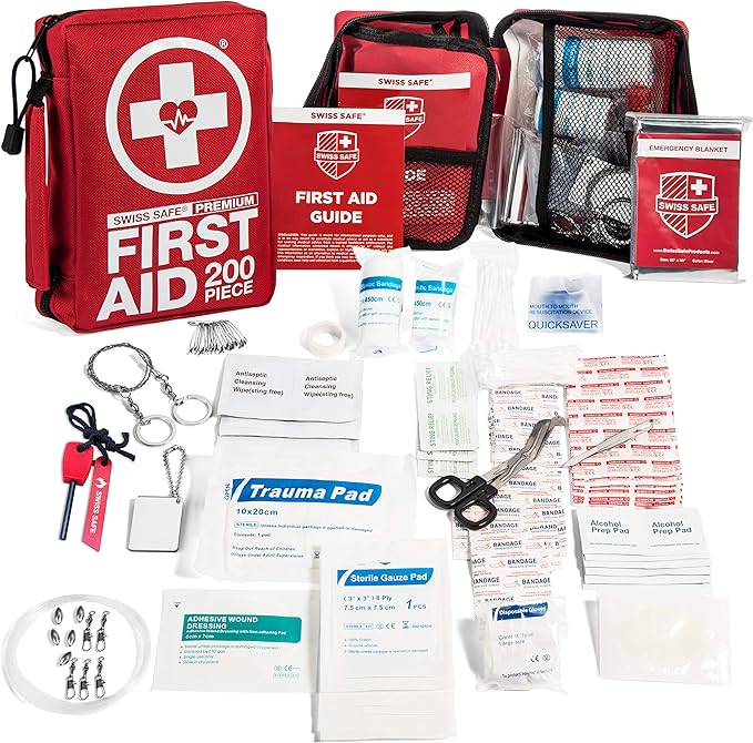 Swiss Safe 200-Piece Professional First Aid Kit for Home, Car or Work : Plus Emergency Medical Supplies for Camping, Hunting, Outdoor Hiking Survival, Includes Adhesive Tape