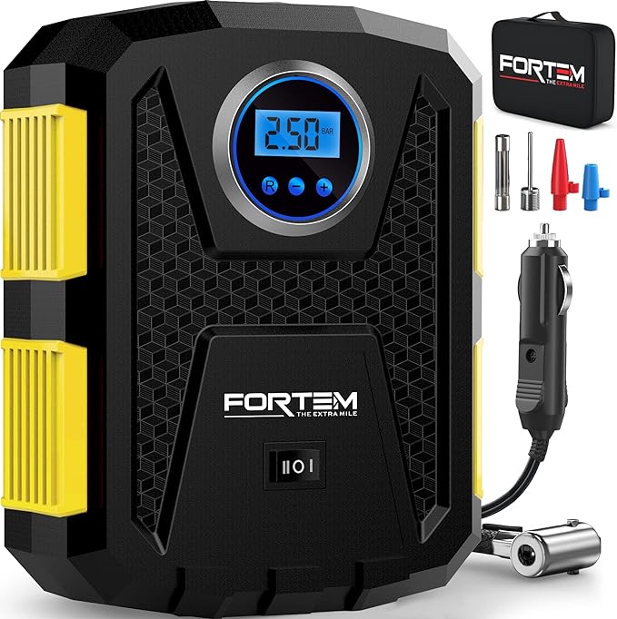 FORTEM Tire Inflator Portable Air Compressor 150 PSI, Bike Pump, 12V Electric Air Pump for Car Tires and Bicycles w/LED Light, Digital Tire Pressure Gauge w/Auto Pump/Shut Off, Carrying Case (Yellow)