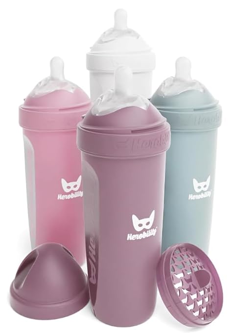 Herobility Double Anti-Colic Baby Bottles – 12 fl oz/340ml – 4-Pack – BPA-Free - Multicolor - White, Gray, Pink, Hawthorn Rose