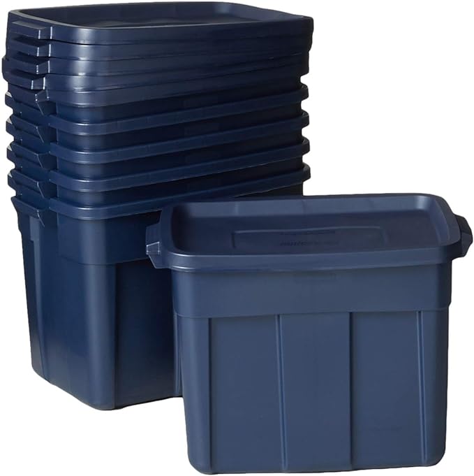 Rubbermaid Roughneck 18 Gallon Rugged Stackable Storage Tote with Lid and Handles for Home Usage, Dark Indigo Metallic, 6 Pack