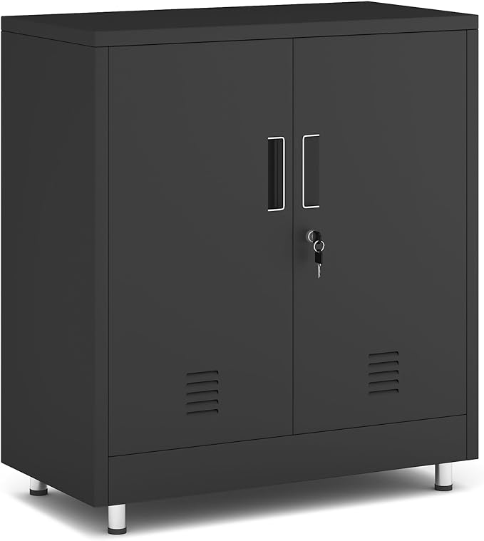 JINGUR Metal Storage Cabinet with Locking Doors and Adjustable Shelf, Small Lockable Sideboard Buffet Cabinet for Home Office Hallway Entryway Living Dining Room (Black)