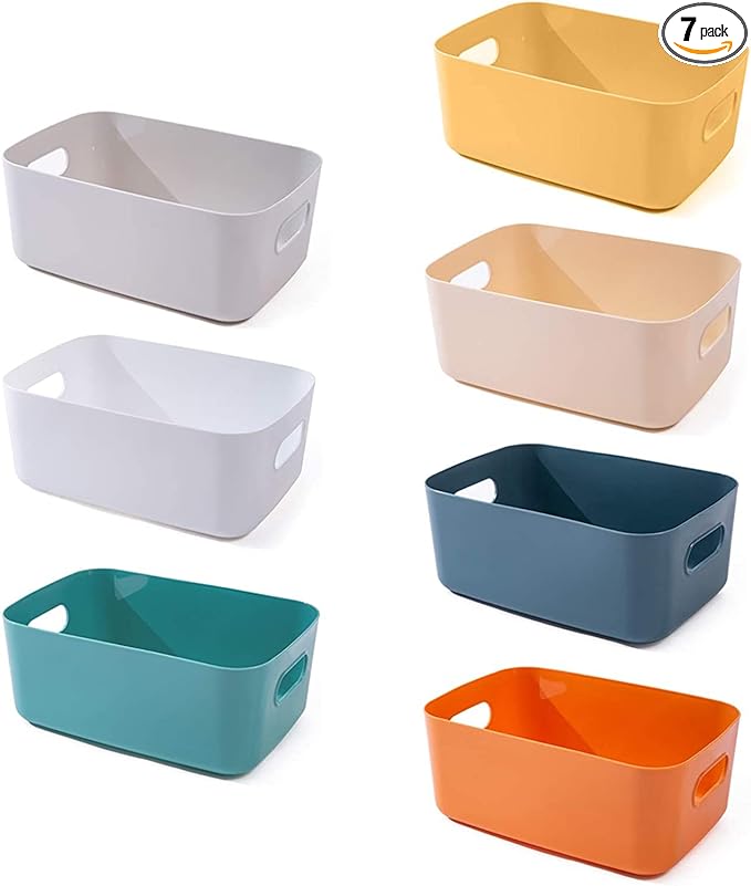 Click image to open expanded view        4 VIDEOS OWill 7-Pack Plastic Storage Bins and Baskets for Efficient Home Classroom Organization - Small Containers in Multiple Colors for Kitchen, Cupboard box, and Bathroom Organizer on Shelves and Tubs