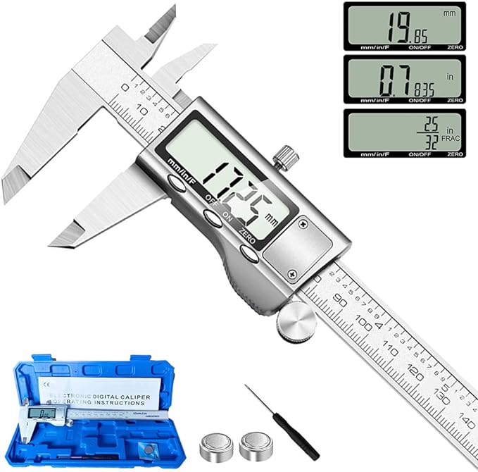 Digital Caliper Measuring Tool, Stainless Steel Vernier Caliper Digital Micrometer with Large LCD Screen, Easy Switch from Inch Metric Fraction, 6 Inch Caliper Tool for DIY/Household