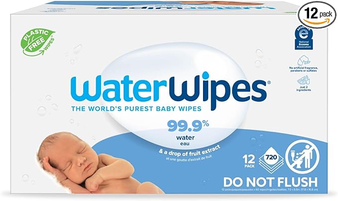WaterWipes Plastic-Free Original Baby Wipes, 99.9% Water Based Wipes, Unscented & Hypoallergenic for Sensitive Skin, 60 Count (Pack of 12), Packaging May Vary