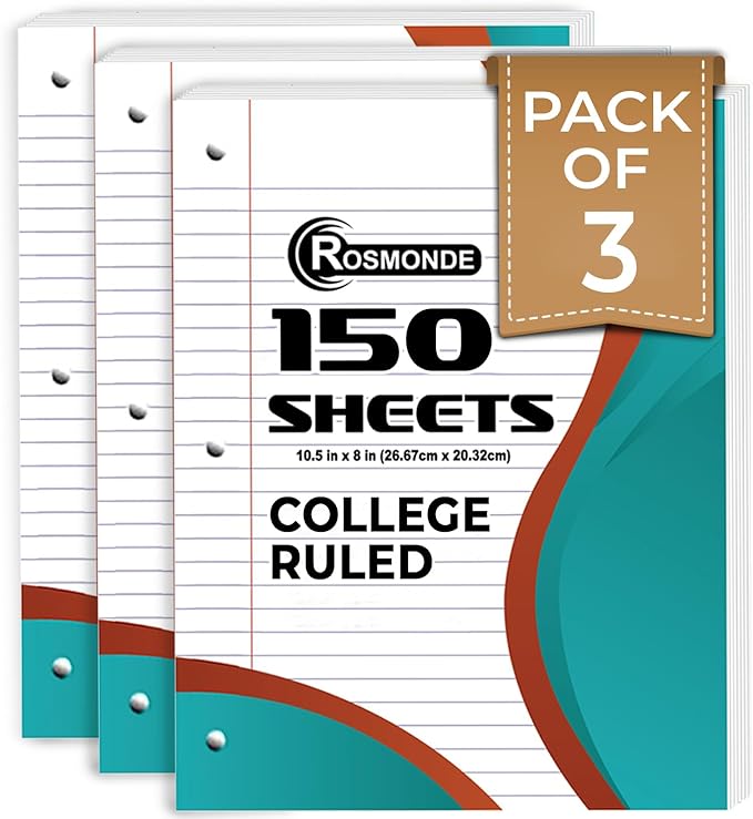 Rosmonde Loose Leaf Paper, 450 Sheets, 3 Pack, College Ruled Paper, 8" x 10.5", Bulk Office Filler Paper, 3 Hole Punched, 150 Sheets/Pack, 56 gsm Paper, College Ruled Notebook Paper for Binder, White