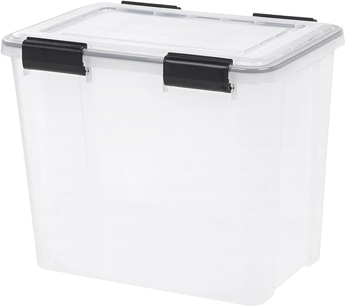 IRIS USA 32 Qt Storage Box with Gasket Seal Lid, 4 Pack - BPA-Free, Made in USA - Heavy Duty Moving Containers with Tight Latch, Weather Proof Tote Bin, WEATHERPRO - Clear/Black
