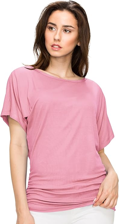 Made by Johnny Women's Solid Short Sleeve Boat Neck V Neck Dolman Top with Side Shirring-Made in U.S.A.