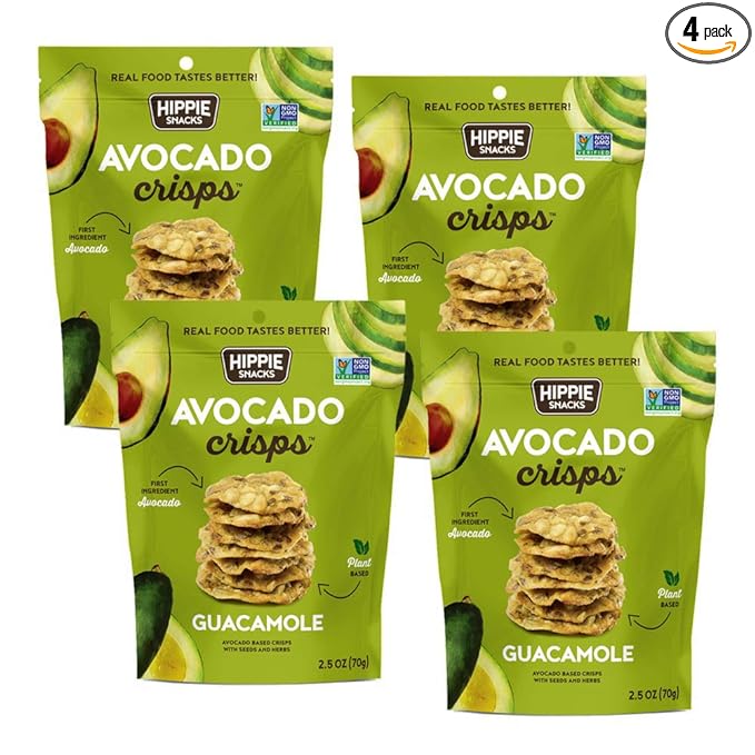 Hippie Snacks Avocado Crisps, Guacamole, Plant-based, High Protein, Gluten Free Snack or Crackers for Charcuterie Boards, 2.5oz (Pack of 4)