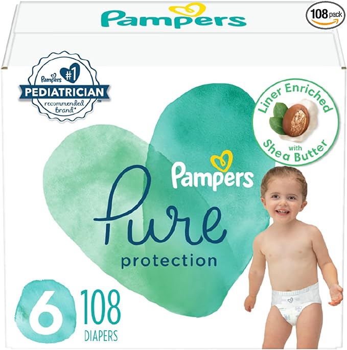Pampers Pure Protection Diapers - Size 6, One Month Supply (108 Count), Hypoallergenic Premium Disposable Baby Diapers