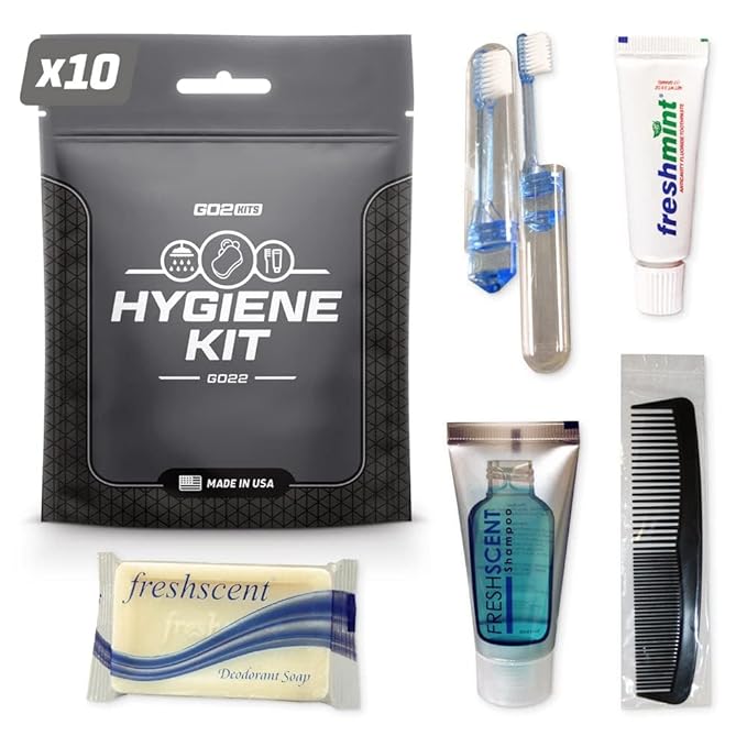 Go2Kits 10-Pack Travel Hygiene Kits with Toothbrush, Soap, Shampoo - Portable PPE for Trips, Emergency & Charity
