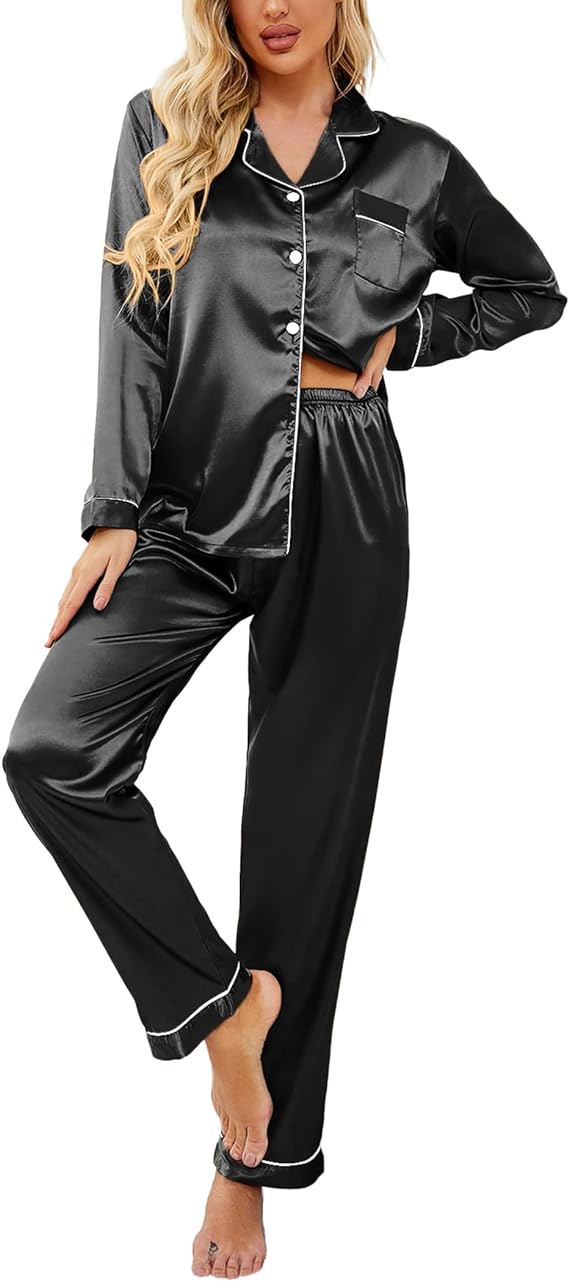 Ekouaer Womens Silk Satin Pajamas Set Black Loungewear Two Piece Sleepwear Button Down Pj Set