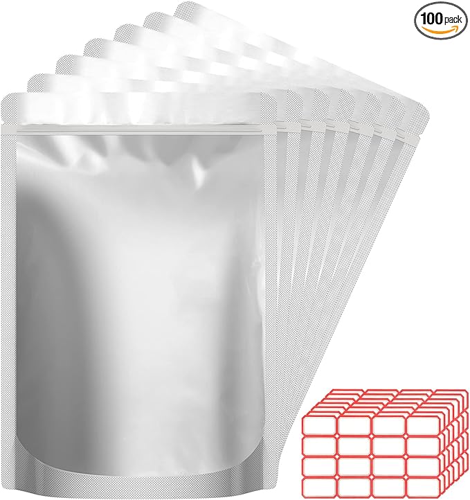 100pcs Mylar Bags 1 QUART - Thick 9.4 Mil - 7"x10" Airtight Vacuum Sealing Sealable Mylar Bags for Long Term Food Storage, Odor Free Heat Resistant - Light and Moisture Proof Fresh Saver Packs