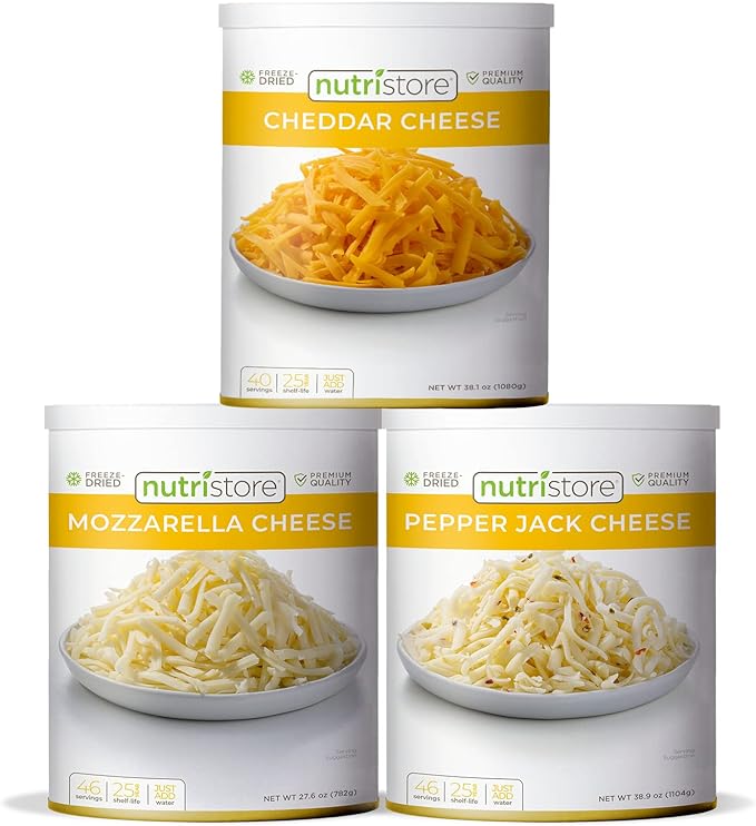 Nutristore Freeze-Dried Cheese Sample Variety 3-Pack | Cheddar, Mozzarella, & Pepper Jack | Perfect for Snacking, Backpacking, & Home Meals | Bulk Emergency Survival Food Storage | 25 Year Shelf-Life