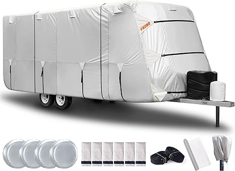 FRUNO Oxford Cloth Travel Trailer RV Cover 19'7"-22' Waterproof Rip-Resistant Anti-UV Camper Cover for Winter Snow with Jack Cover 4 Tire Covers and Gutter Covers