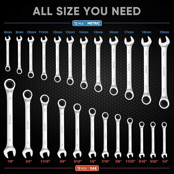 TICONN 24PCS Ratcheting Wrench Set with Organizer Rack, Professional Slim Profile Mechanic Cr-V Ratchet (12PCS Inch (SAE) & 12PCS mm (Metric))