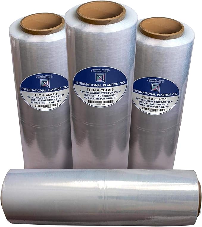 International Plastics Co. 18" Stretch Film/Wrap 1500 feet 7 Layers 80 Gauge Industrial Strength up to 800% Stretch 20 Microns Clear Durable Adhering Packing Moving Heavy Duty Shrink Film Box of 4