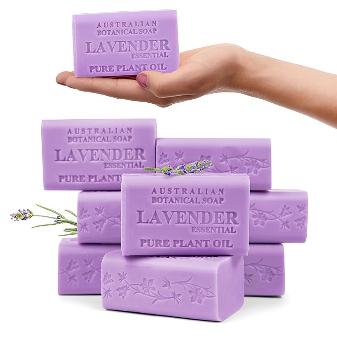 Australian Botanical Soap, Lavender with Essential Oil 6.6 oz (187g) Natural Ingredient Soap Bars | Pure Plant Oil | All Skin Types | Shea Butter Enriched - Pack of 8
