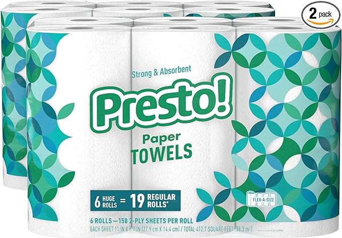 Amazon Brand - Presto! Flex-a-Size Paper Towels, 158 Sheet Huge Roll, 12 Rolls (2 Packs of 6), Equivalent to 38 Regular Rolls, White
