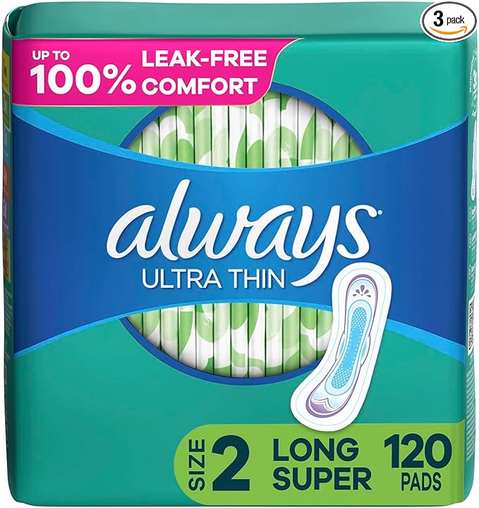 Always Ultra Thin, Feminine Pads For Women, Size 2 Long Super Absorbency, Without Wings, Unscented, 40 Count x 3 (120 Count Total)