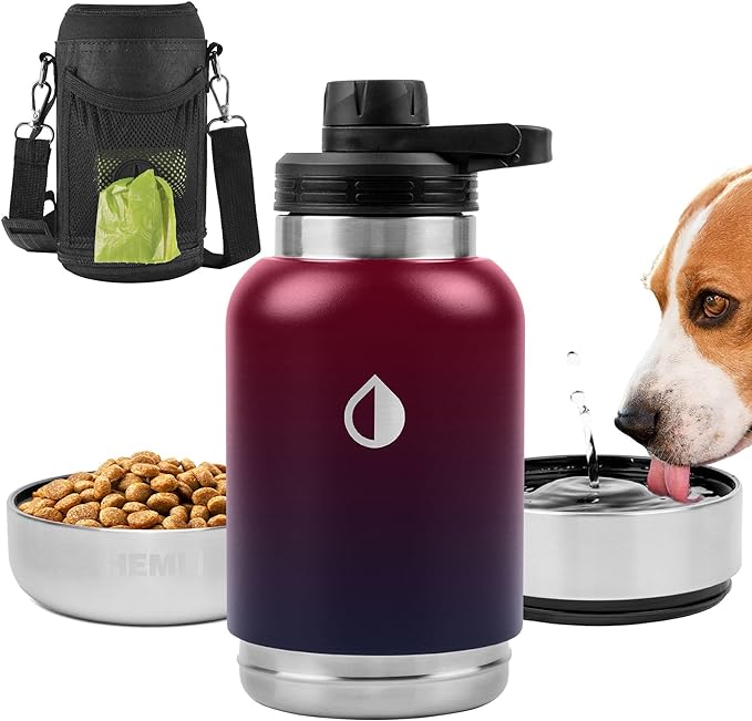 HEMLI 32 oz. Dog Water Bottle, Insulated Dog Travel Water Bottle, Stainless Steel Pet Water Bottle Dispenser Portable Food and Water Bowl for Dogs with Carrying Case for Walking Dog Canteen Travel Kit