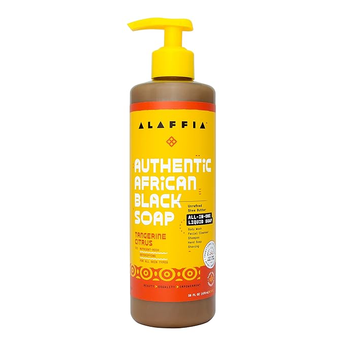 Alaffia - Authentic African Black Soap, All-in-One Body Wash, Shampoo, and Shaving Soap, All Skin and Hair Types, Fair Trade, No Parabens, Non-GMO, No SLS, Tangerine Citrus, 16 Fl Oz