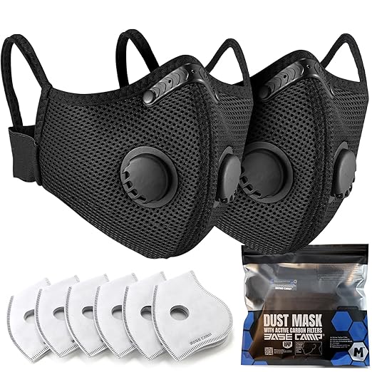 BASE CAMP Upgrade M Plus Dust Mask 2 Pack, Breathable Reusable Dust Face Mask with 6 Activated Carbon Filters for Woodworking Construction Mowing Grinding
